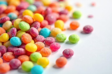 Vibrant assortment of colorful candies scattered on pristine white background, chocolate, variety, colorful background