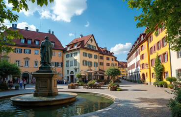 Summer view of Eichstatt, Germany, baroque architecture with colorful buildings, central fountain. Blue sky with clouds. Historic town center, popular for excursions, tourism, cultural events.