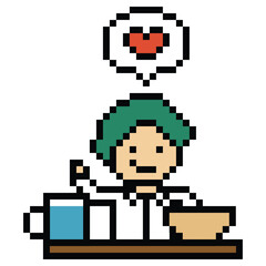 Fototapeta premium Pixel art cute cartoon 8bit character man eat food hungry delicious lifestyle decor restaurant 8 bit male boy meal isolated png vector.