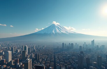 Majestic snow-capped mountain dominates skyline of sprawling Asian metropolis. Tall skyscrapers fill urban landscape under clear, sunny sky. Iconic Japanese landmark offers breathtaking panorama of