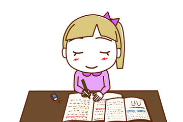 （上半身正面）一生懸命笑顔で楽しく勉強がはかどる白人少女