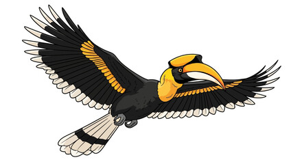 Great hornbill illustration. Detailed depiction of a flying hornbill with vibrant black, yellow, and orange feathers, showcasing its iconic casque and large curved beak. Tropical bird concept.