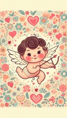 Illustration of a cupid in retro style, postcard