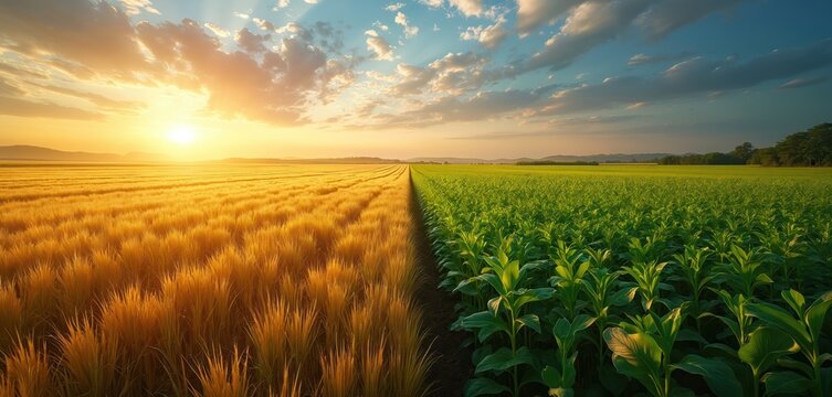 Golden wheat fields, rich green crops grow side by side under vibrant sky at sunset. Image represents agricultural innovation, biotechnology, future of food security with both organic, genetically