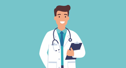 Fototapeta premium Smiling male doctor in white coat holds clipboard, ready to help patients.