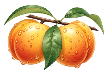 Watercolor illustration of fresh ripe peaches with water droplets and green leaves Isolated on transparent background