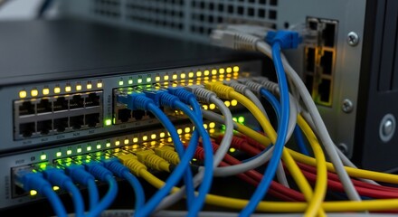 Network Switch with Colorful Ethernet Cables and Blinking Lights