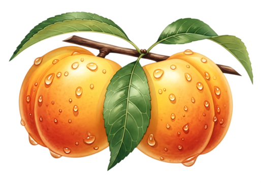 Watercolor illustration of fresh ripe peaches with water droplets and green leaves Isolated on transparent background