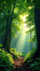 Dense forest canopy with sunlight filtering through leaves,  green,  greenery,  overgrowth