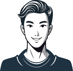 Black and white portrait of a smiling young man with stylish hair and simple design