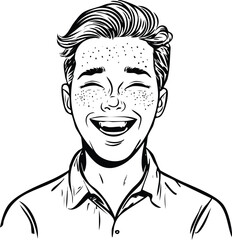 Cheerful portrait of a smiling young man with freckles in a detailed line art style