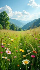 Overgrown meadow with wildflowers and tall grasses, landscape, wildflower field, flora