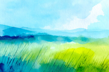 Watercolor Green Grassland and Blue Sky Landscape Background for Calm and Refreshing Spring Summer Nature Scene
