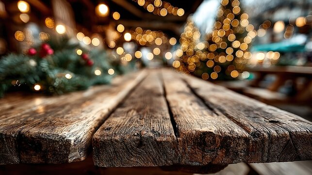 Weathered wood table under festive bokeh lights, outdoors