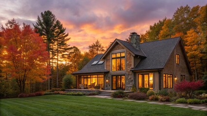 Obraz premium Dreamy fall evening scene featuring a beautiful family house illuminated from within, set against a backdrop of colorful trees and a dramatic orange and purple sky.