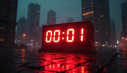 Red digital countdown clock shows 00 01 illuminating a dark, wet cityscape at midnight. The urban architecture and streetlights create a moody, atmospheric scene with glowing building lights.