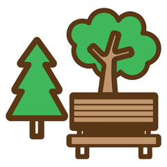 Peaceful Park Setting. Graphic Park Scene with Trees and Bench. Vector illustration isolated on clear background.