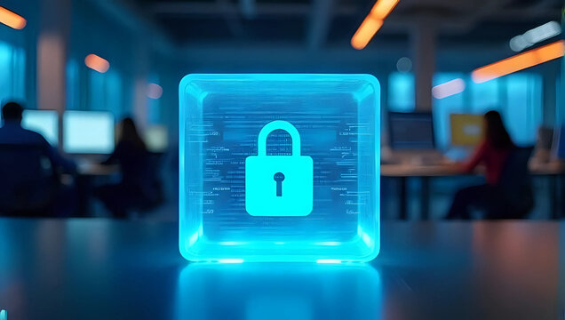 A glowing holographic padlock in cube on desk with blurred office workers - data security, cybersecurity, and digital protection concept