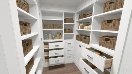 Obraz premium Organized Walk-in Pantry with White Shelving and Woven Baskets