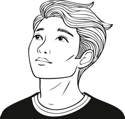 Monochrome illustration of a contemplative young man looking upwards with stylish hair