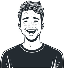 Monochrome illustration of a laughing man with freckles, showcasing joy and happiness