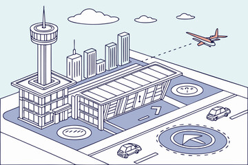 Naklejka premium Isometric view of an airport with a control tower buildings cars and an airplane in a light blue sky