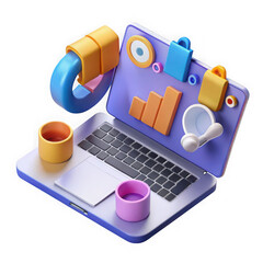3d render of a laptop with colorful business icons isolated on a transparent background technology