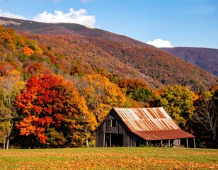 Autumnal barn nestled in a colorful mountain landscape