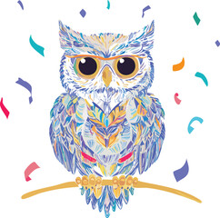 Stylized owl perched on branch amidst colorful confetti, vector illustration