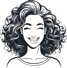 Vector illustration of smiling woman with curly hair and closed eyes in monochrome