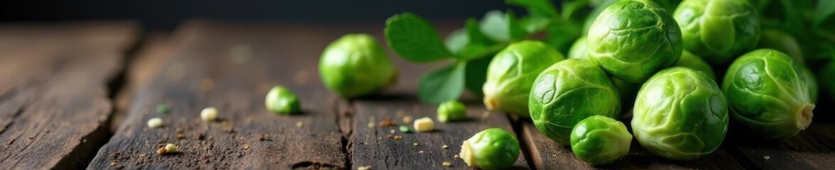 Fresh Brussels sprouts scattered on dark wood , still life, vegetable