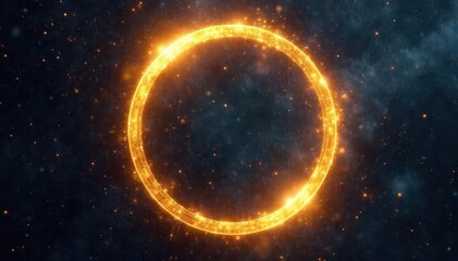 Obraz premium Golden ring of light hovering on a dark canvas with an otherworldly sheen, glowing effect, celestial glow