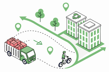Obraz premium Isometric illustration depicting a delivery truck and bicycle navigating a city route with packages