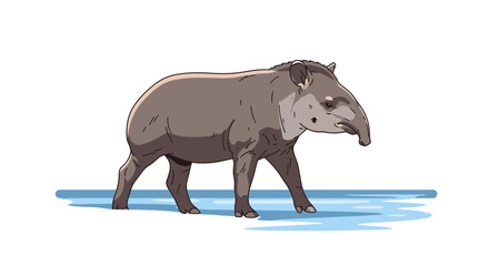 Tapir illustration. Side profile of a tapir walking near water, showcasing its unique prehensile snout and stocky body in a naturalistic art style. Wildlife concept.