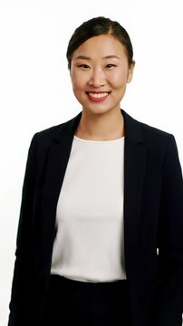 A cheerful, confident young professional in modern business casual points outwards on a pristine white studio background, concept of user experience guidance.