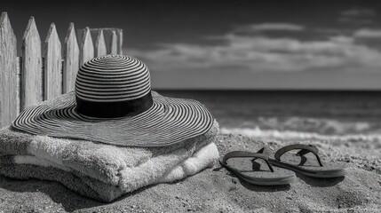 Beach still life hat, towel, flip flops on sand, with ocean backdrop