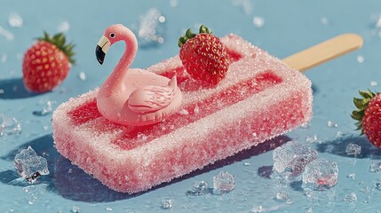 Pink popsicle with flamingo float, strawberries, and ice on blue background