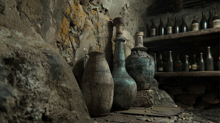 Close-up of dusty empty whiskey bottles in dark corner with dramatic light, film noir style