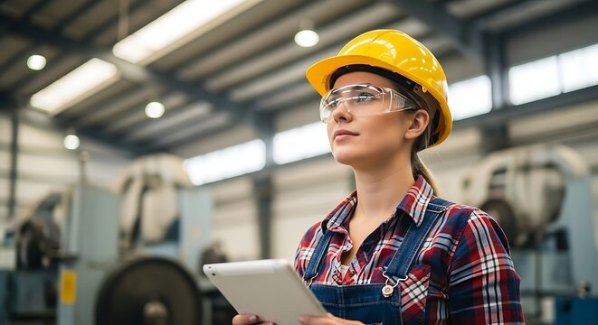 A confident female industrial engineer in a hard hat and safety glasses using a tablet for quality control in a factory.
