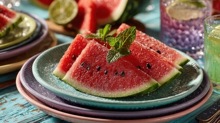 Slices of watermelon with mint sprigs on colorful plates, bright, summer scene