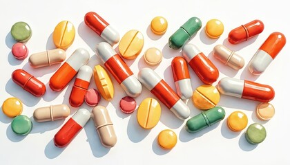 Scattered assortment of colorful capsules, pills in watercolor style. Red, green, yellow, beige medication elements symbolize health, wellness, pharmacy. Useful for medical concepts, drug