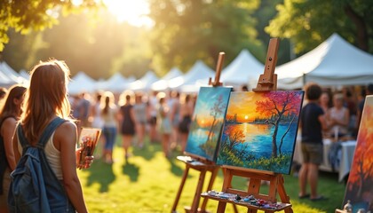Sunny outdoor art festival showcases vibrant paintings, sculptures under tents. People admire colorful canvases, interact with displays. Celebration of local culture, creativity, summer leisure.