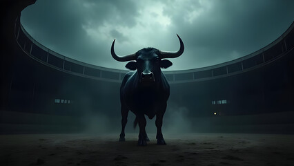 Powerful Black Bull in Dark Arena Under Stormy Sky