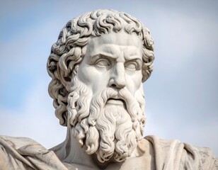 Obraz premium Close-up of a weathered marble bust of a bearded ancient Greek philosopher or deity, set against a bright blue sky.