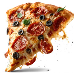 Pizza slice flying in white background