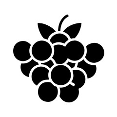 Black and white icon illustration of a bunch of grapes with leaves