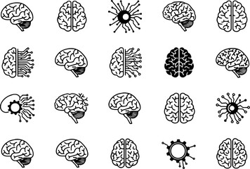 Vector art of collection of brain icons representing intelligence and technology, isolated on white background