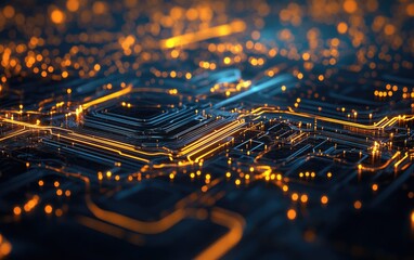 A close-up of a computer circuit board reveals the intricate technology and design of its interconnected electronic components and microchips