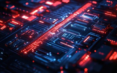 Obraz premium A detailed macro view of the intricate electronic components on a printed circuit board, highlighting the technology of a computer motherboard