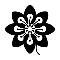 Stylized black and white flower design with intricate details and symmetrical patterns
